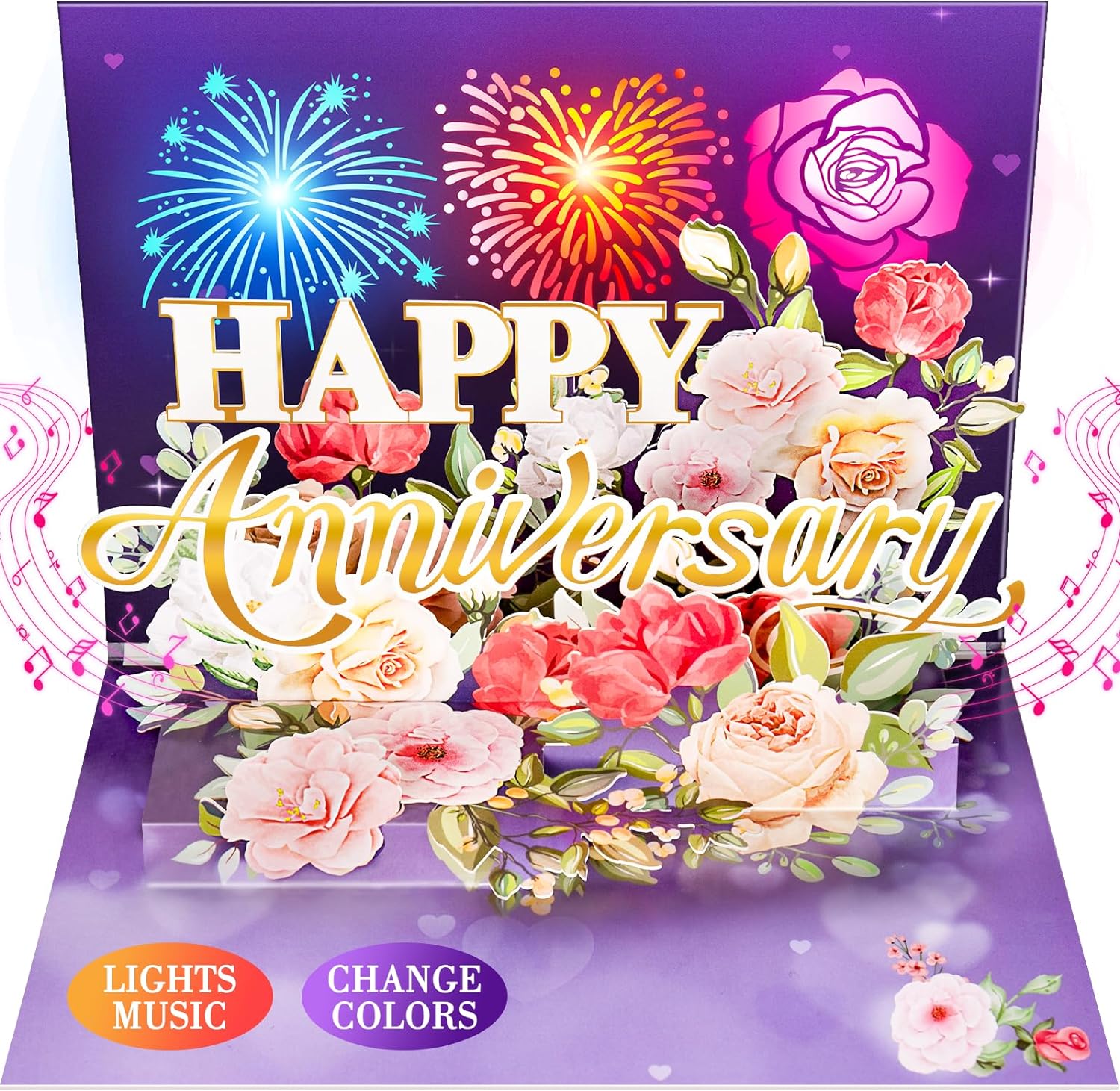 Anniversary Card, Music & Light Pop up Valentine's Card with Fireworks Flowers G...