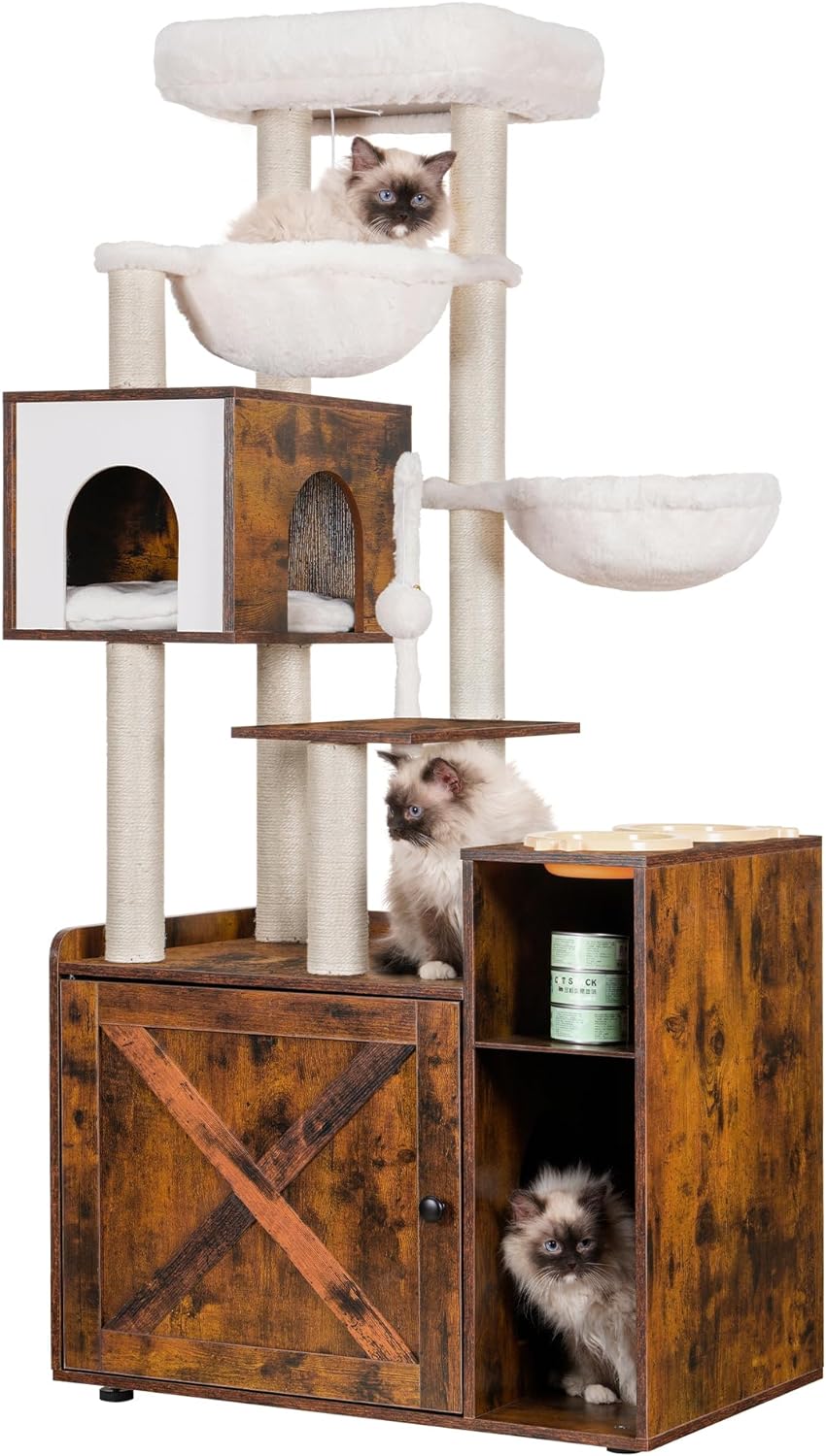 Unique Hey-brother Cat Tree with Litter Box Enclosure, Modern Cat Tower for Indo...