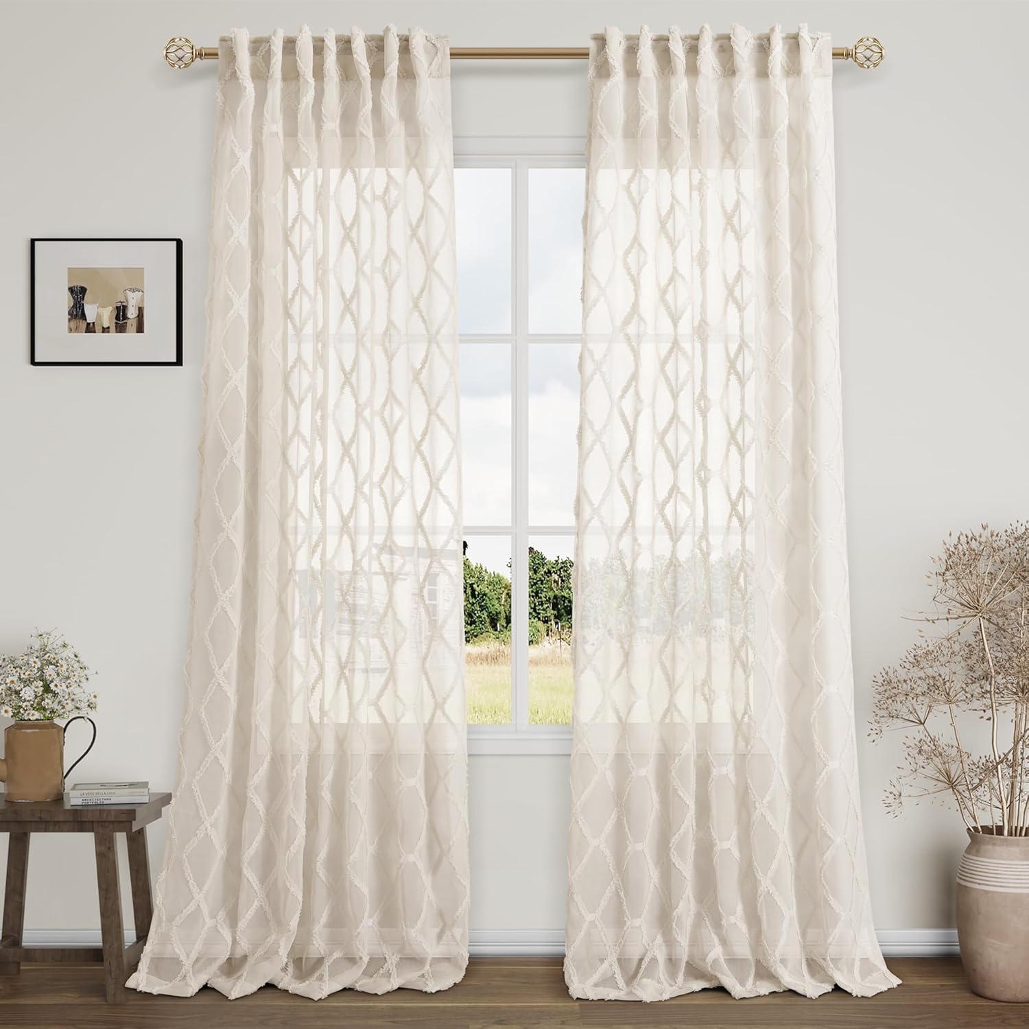 Sheer Beige Curtains 96 Inches Long Sheer Window Curtains Panel Boho Farmhouse R...
