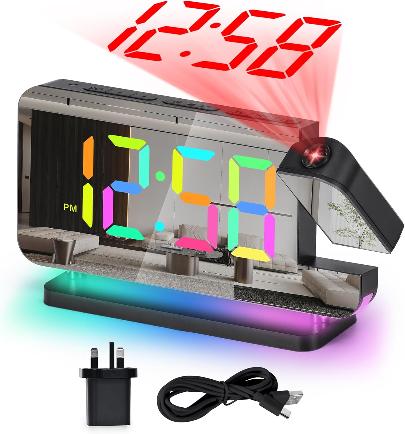 U-picks Digital Alarm Clock,Alarm Clock with Projection,7.4"LED Mirror Clock wit...