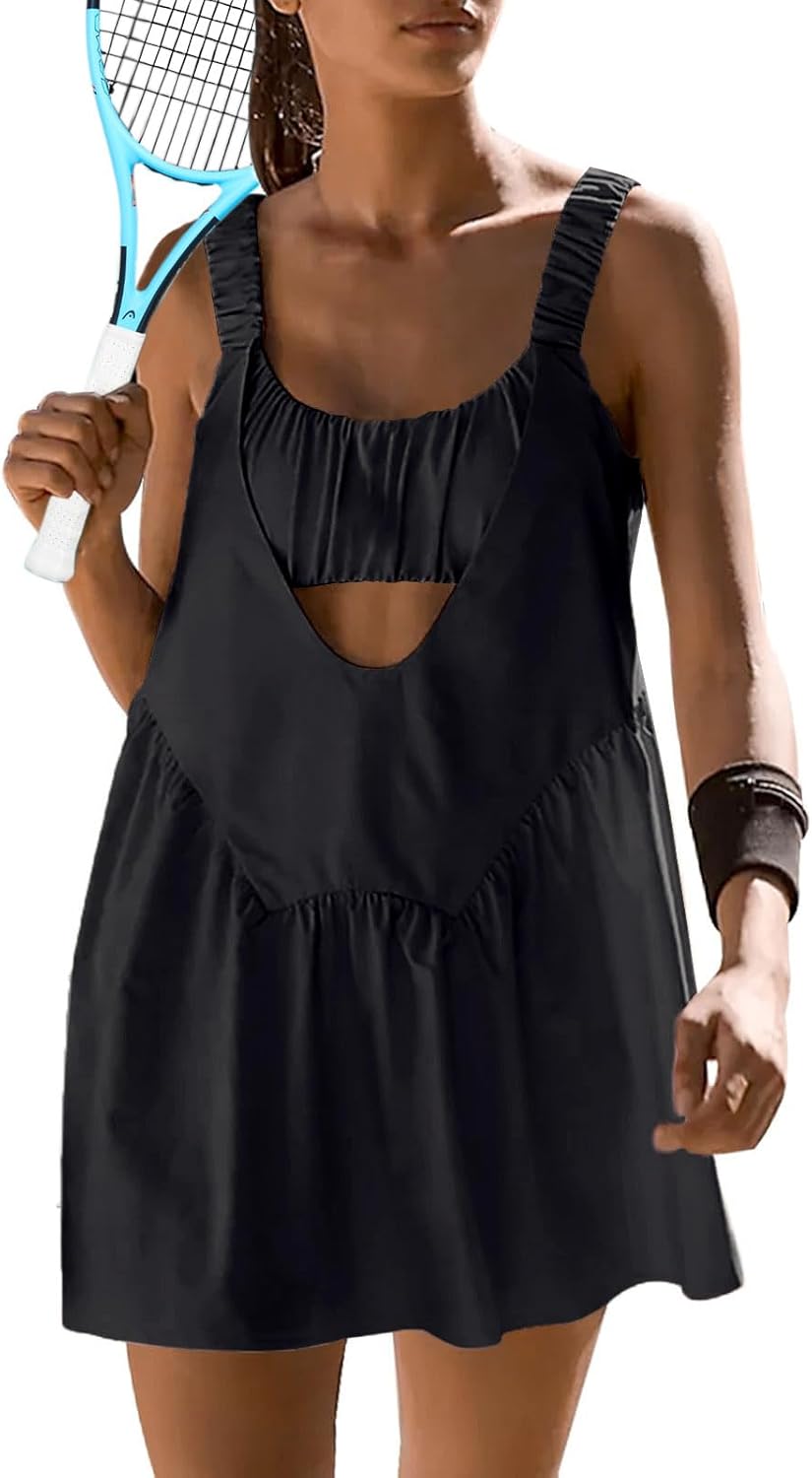 Sexyasasii Women Tennis Dress with Built in Shorts and Bra Sleeveless Casual Bac...