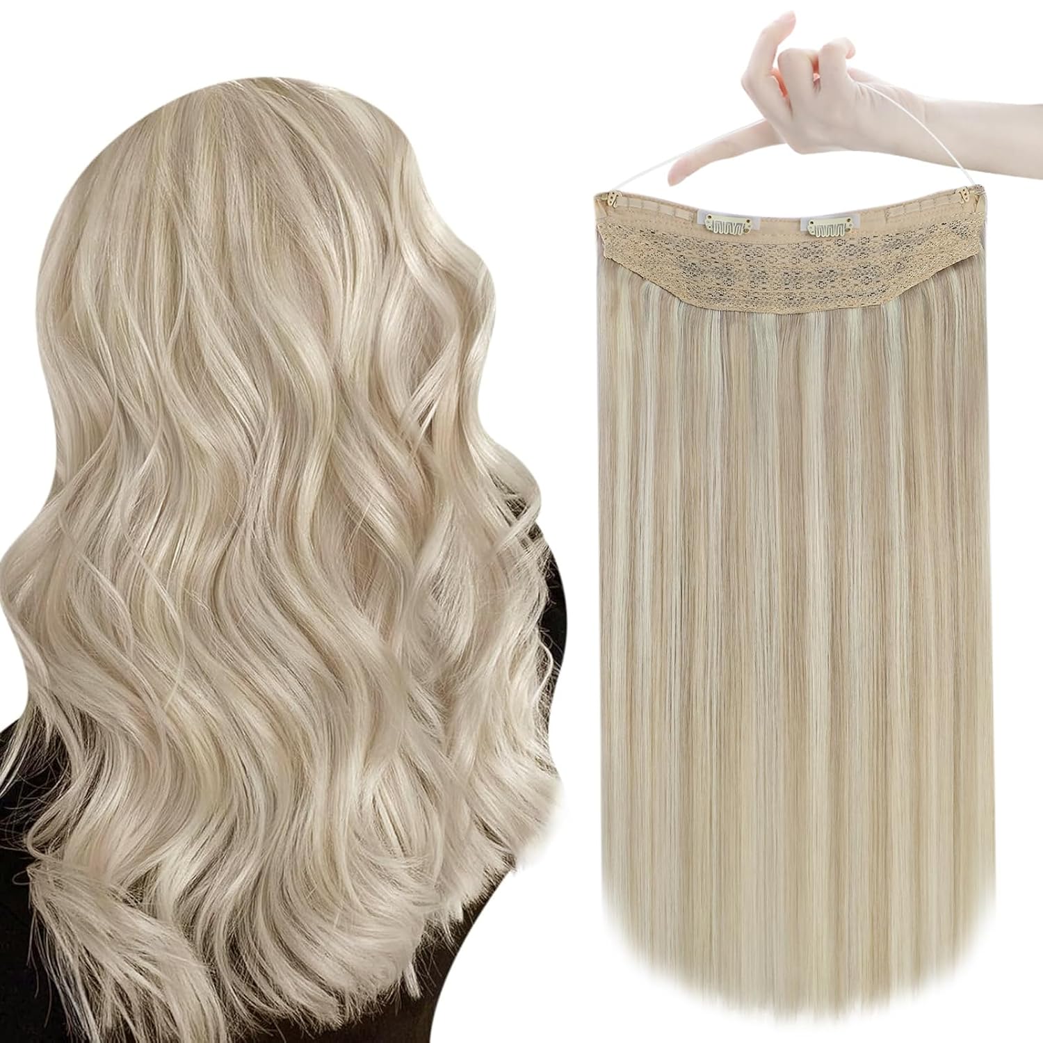 Easyouth Ash Blonde Human Hair Wire Extensions Fish Wire Hair Extensions Human H...