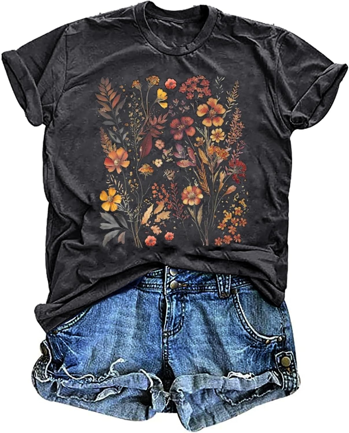 Women's Vintage Floral T Shirt Boho Wildflower Graphic Loose Tees Short Sleeve C...