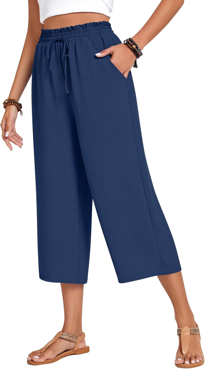 Anyhold Womens Capri Pants Loose High Waisted Wide Leg Lounge Pants Drawstring C...