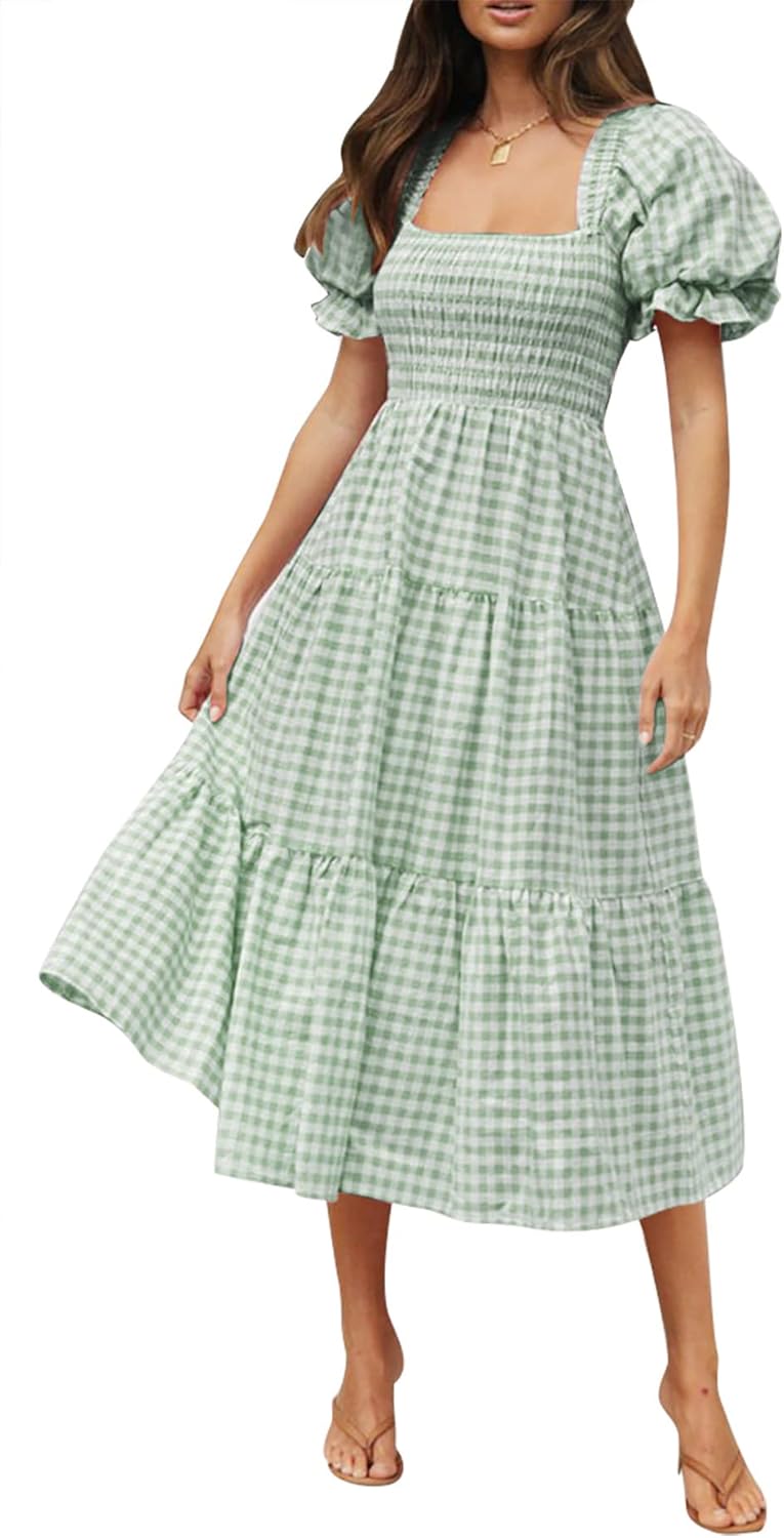 ZESICA Women's 2024 Bohemian Summer Plaid Square Neck Puff Sleeve Ruffle Flowy B...