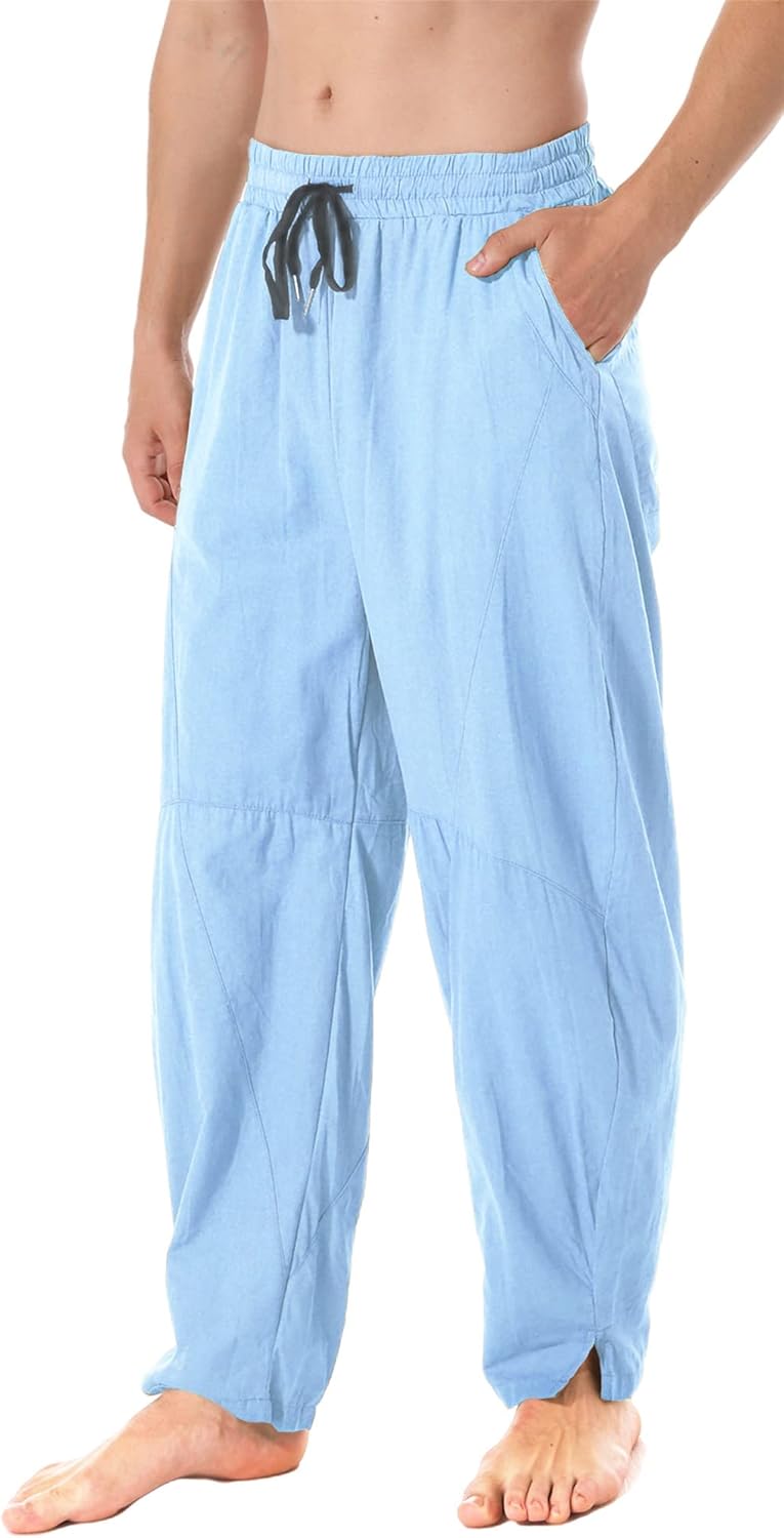 perdontoo Men's Linen Cotton Loose Fit Casual Lightweight Elastic Waist Summer B...