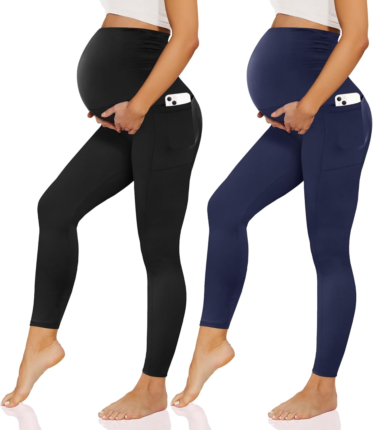 Happy.angel 1/2 Pack Maternity Leggings with Pockets Over The Belly, Womens Blac...
