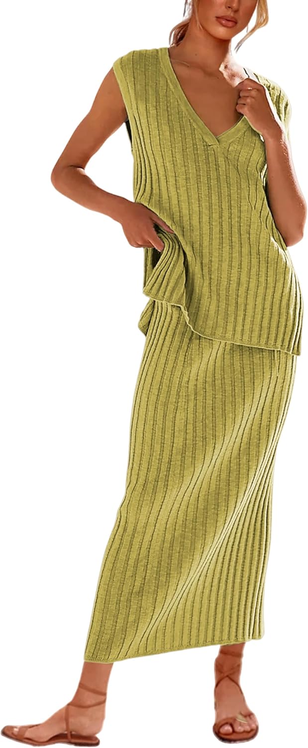 SCUSTY Women's 2 Piece Sweater Skirt Sets Sleevele...