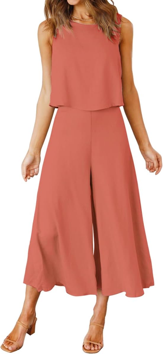 ROYLAMP Women's Summer 2 Piece Outfits Round Neck Crop Basic Top Cropped Wide Le...