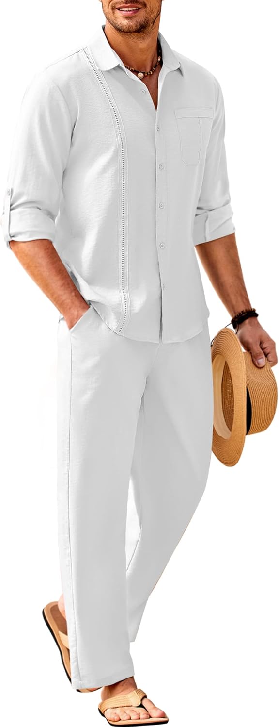 COOFANDY Mens Linen Sets, Special 2 Piece Long Sleeve Button Down Cuban Shirt an...