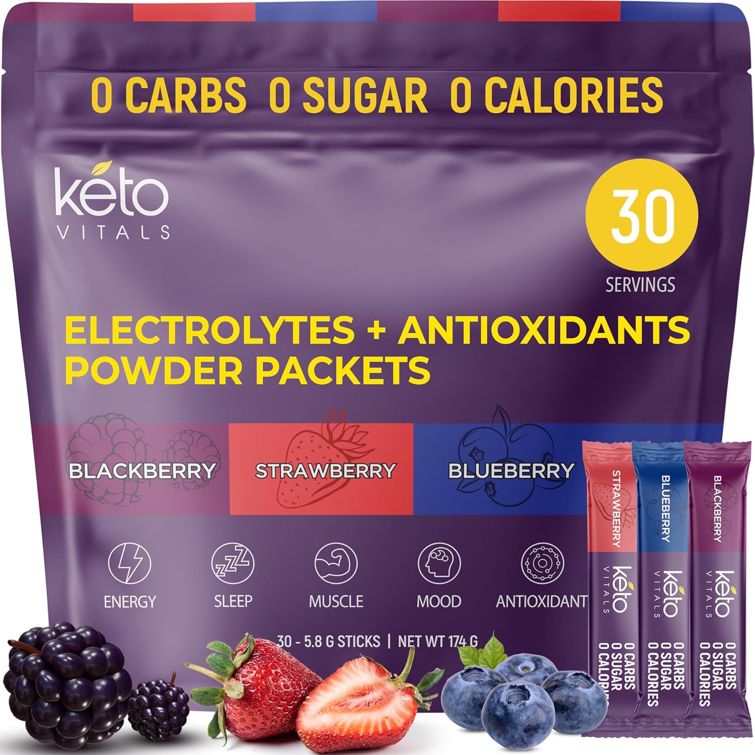 Keto Vitals Berry Antioxidant Electrolyte Powder Packets | Keto Friendly Electro...