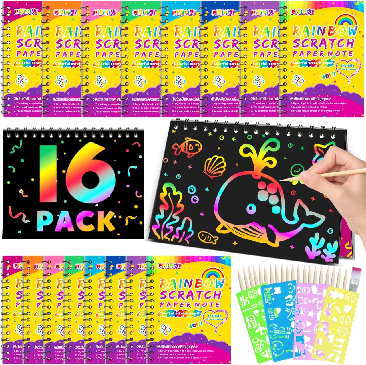 Pigipigi Scratch Paper, Special Party Favor with 16 Pack Rainbow Scratch Noteboo...