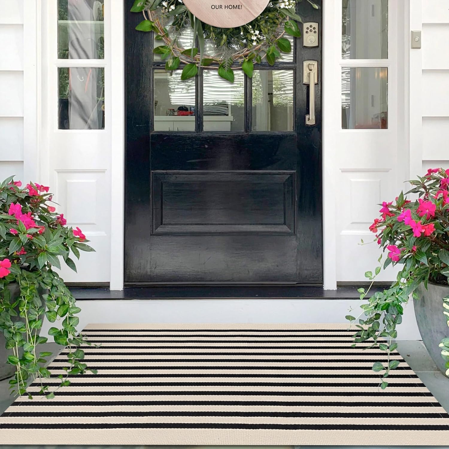 IOHOUZE Black Beige Striped Rug -2.3'x3.6' Front Door Rugs Outdoor, Small Washab...