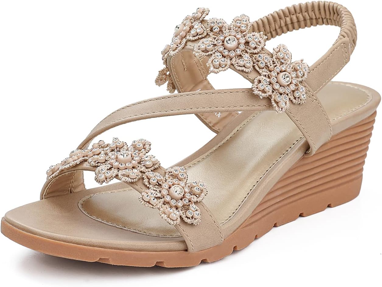 SHIBEVER Womens Sandals Wedge Flower: Open Toe Elastic Ankle Strap Wedge Sandal...