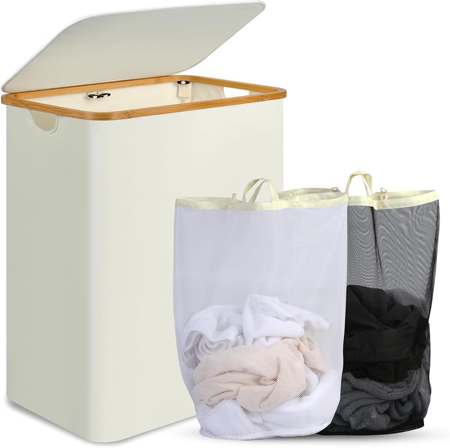 Laundry Hamper with Lid, 160L Tall Laundry Basket with Bamboo Handles for Clothe...