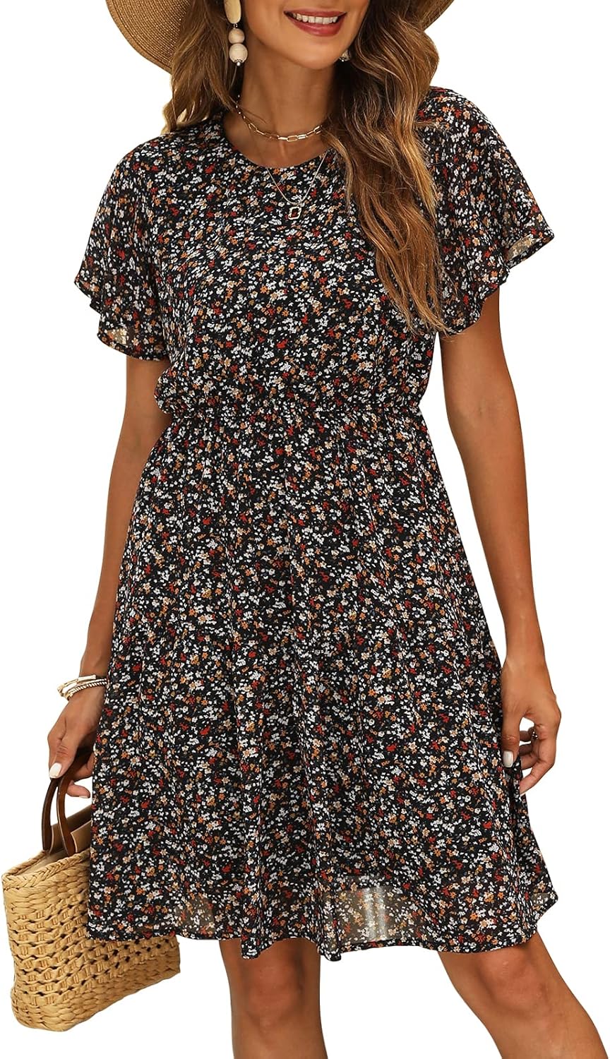 Manydress Women's Casual Summer Boho Dresses Chiffon Floral Print Ruffle Sleeve...