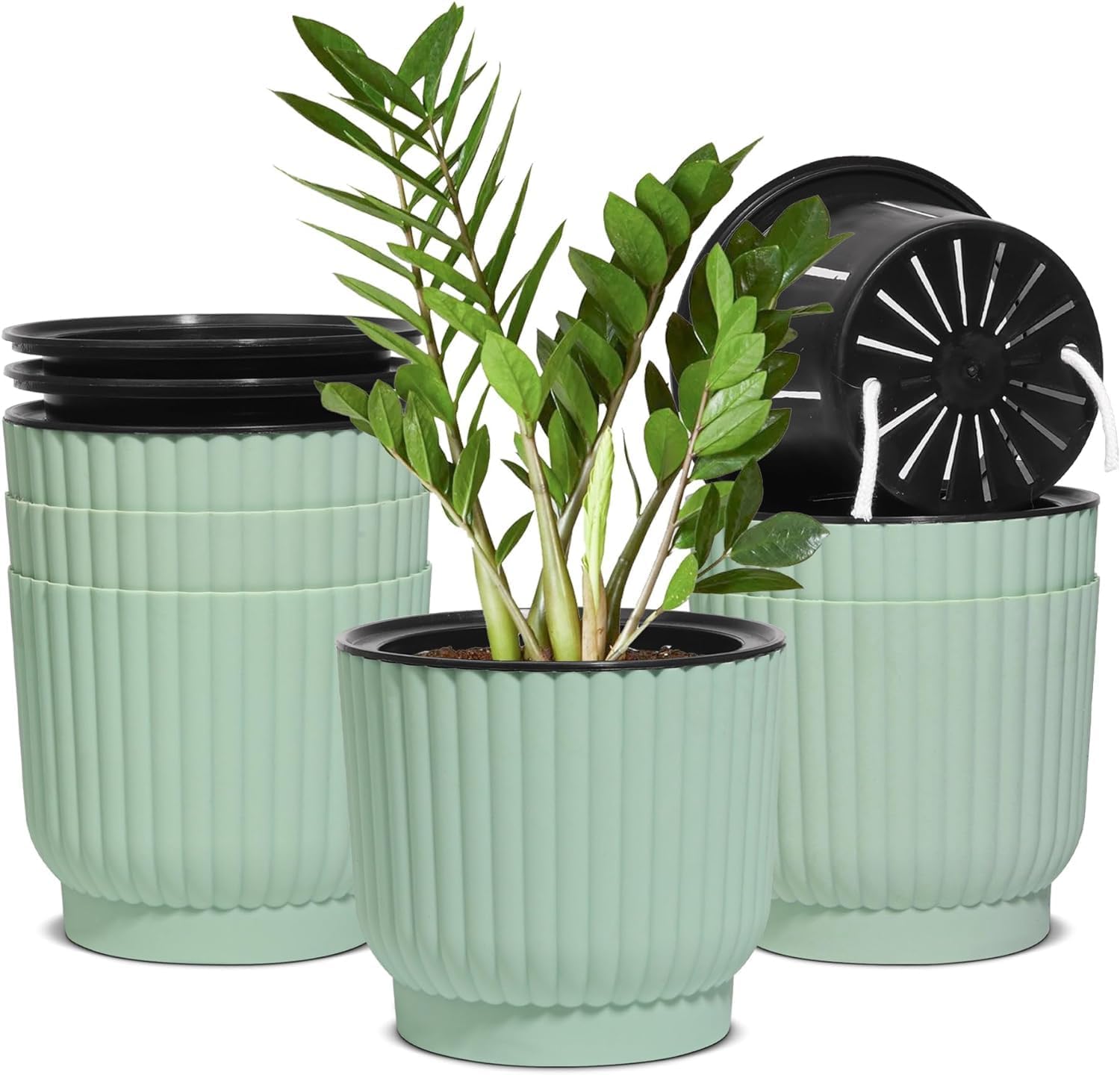T4U 6 Inch Self Watering Pots 6 Pack, Plastic Plant Pots with Holder, Windowsill...