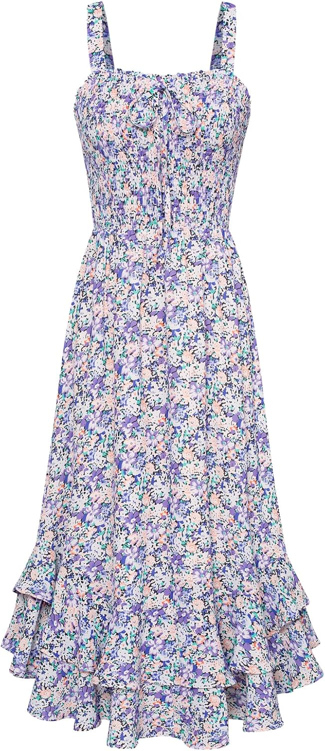 GRACE KARIN Women Summer Strappy Floral Maxi Dress Square Neck Dual Layer Hem Sm...