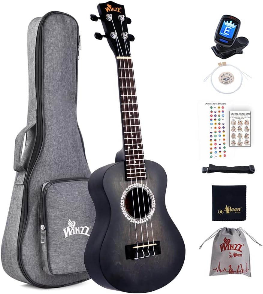 Winzz Ukulele Concert 23 Inches Black, Ukulele Beginner Kit for Adults and Child...