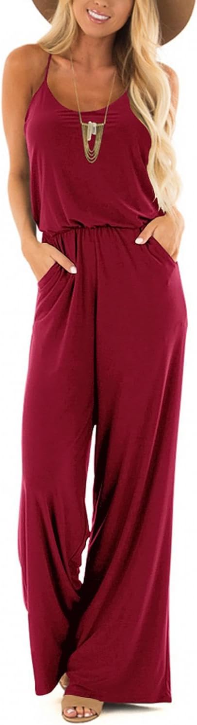 Lacozy Womens Casual Loose Sleeveless Spaghetti Strap Wide Leg Pants Jumpsuit Ro...