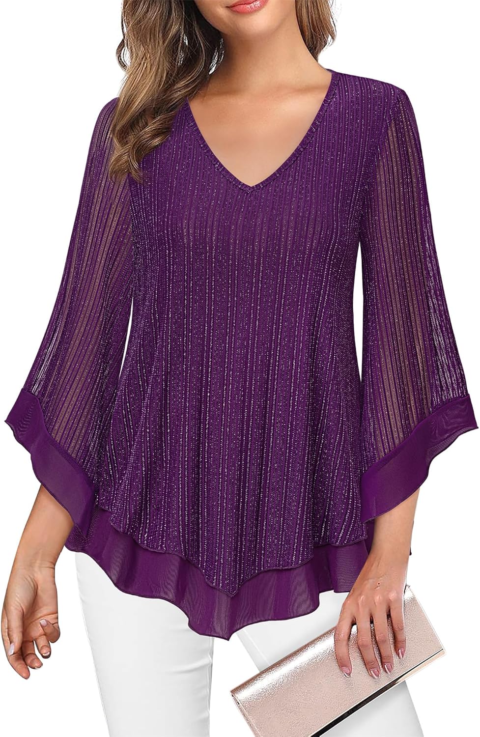 Lotusmile Women's Dressy Blouse, Special Double Layers Mesh Shirt, Innovative Ru...