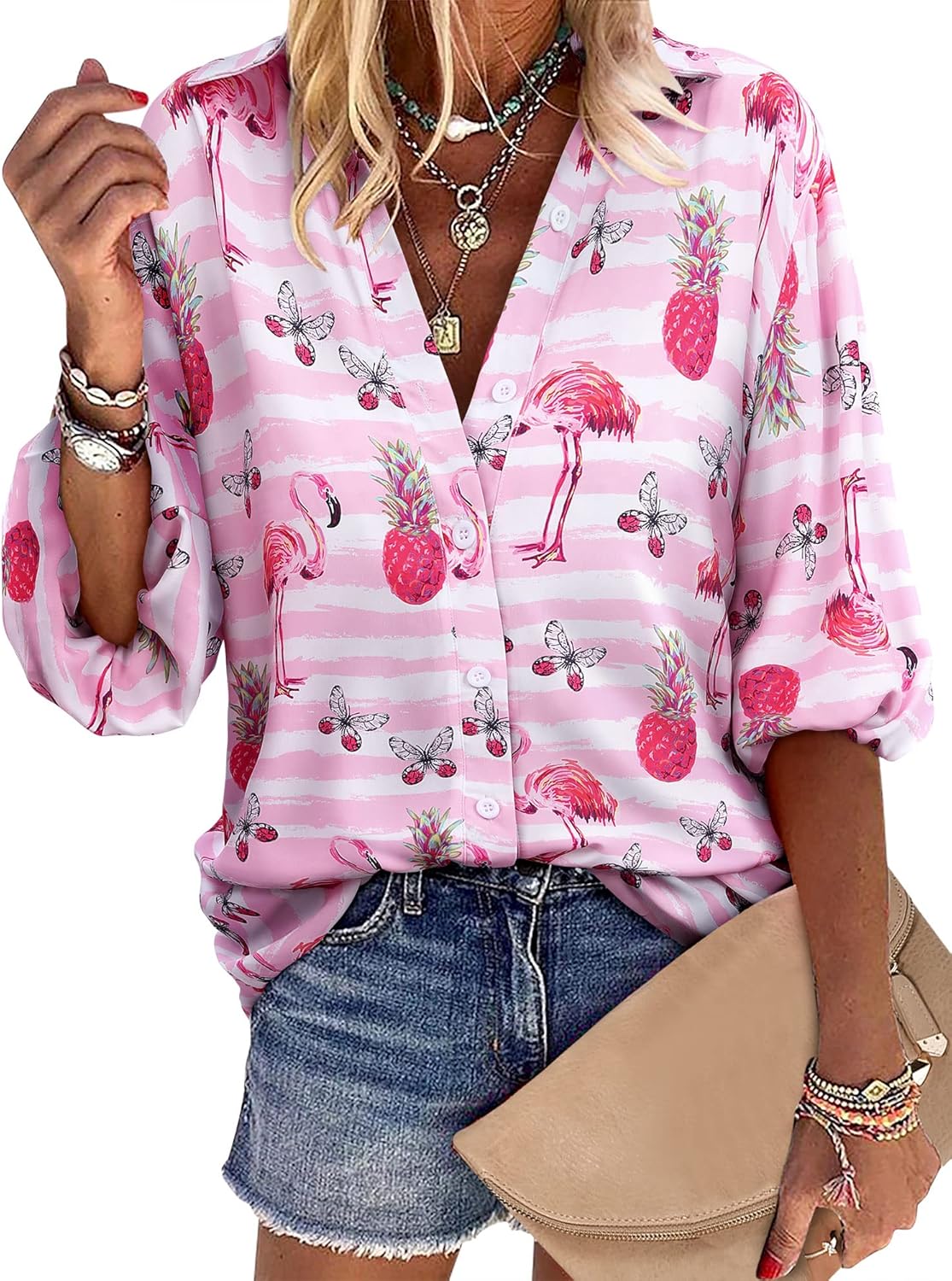 ZXZY Women Blouse, Special Pineapple Printed Lapel Collar Shirt, Innovative Half...