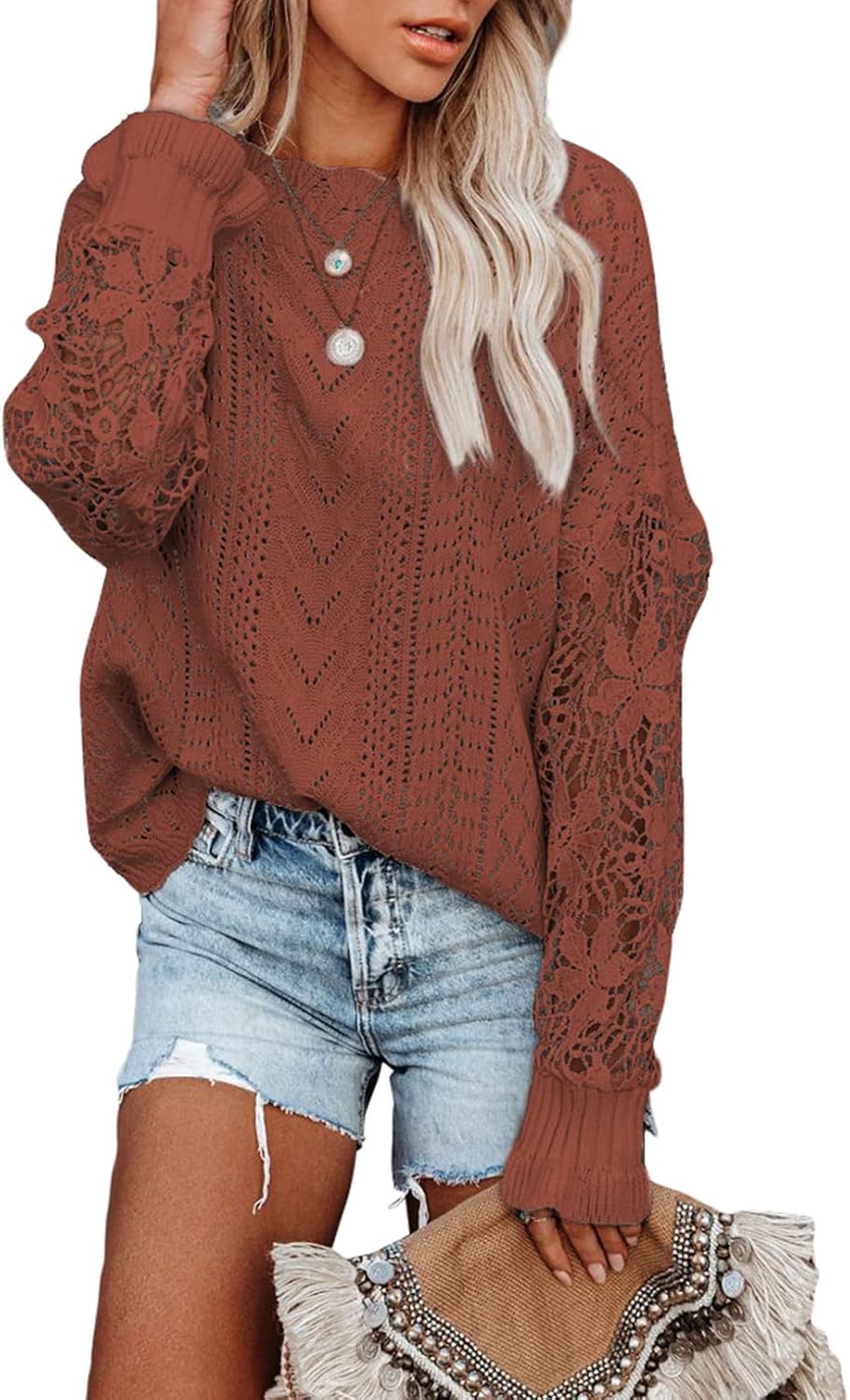 Dokotoo Womens Crewneck Sweaters, Special Crochet Lace Long Sleeve Knit Sweaters...