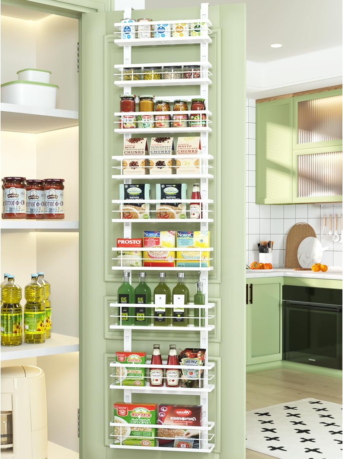 Over the Door Pantry Organizer 9-Tier Adjustable Basket, Hanging Narrow Spice Ra...