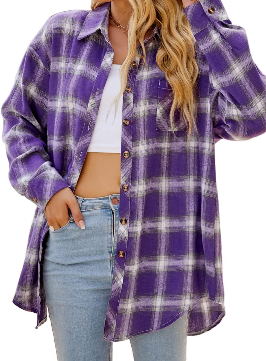 CHYRII Womens Button Down Flannel Shirts Long Sleeve Plaid Shackets Business Cas...
