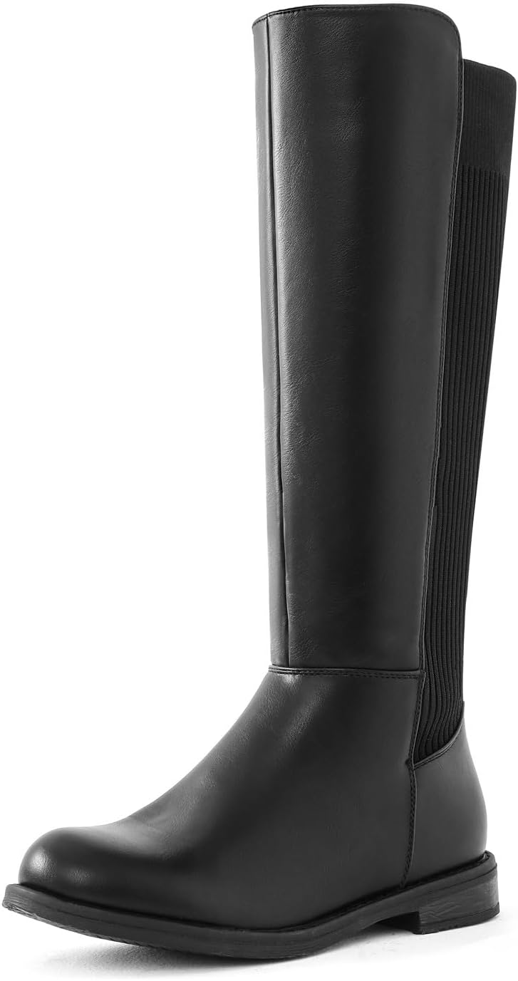 Shoe'N Tale Women's Knee High Boots Flat Low Heel Stretchy Round Toe with Side Z...