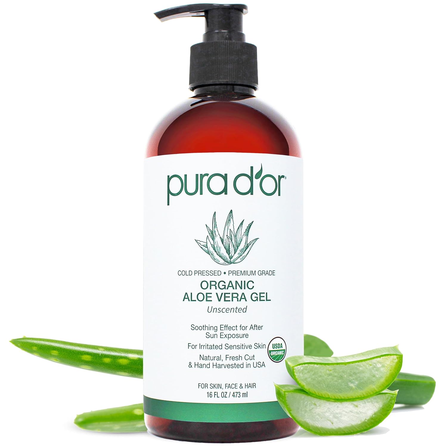 PURA D'OR 16 Oz ORGANIC Aloe Vera Gel - Unscented - All Natural - ZERO Artificia...