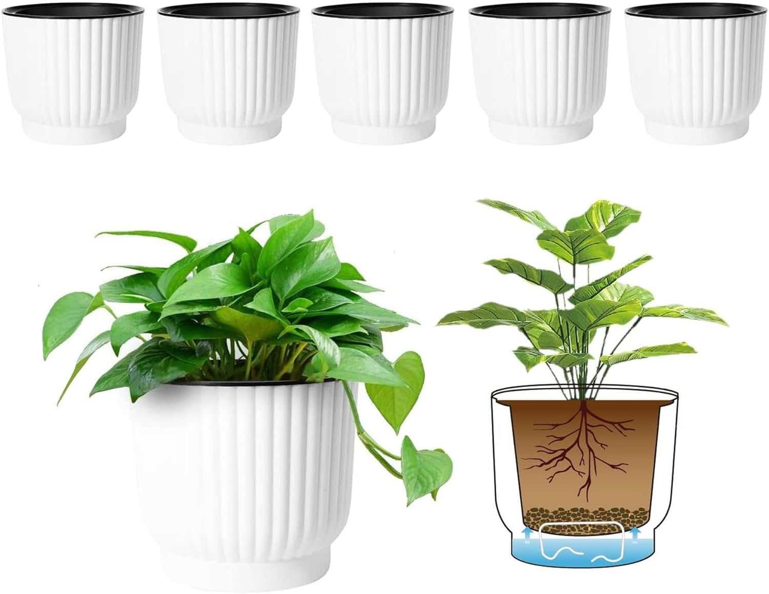 T4U 4 Inch Self Watering Pots for Indoor Plants, 6 Pack White Plastic Flower Pot...