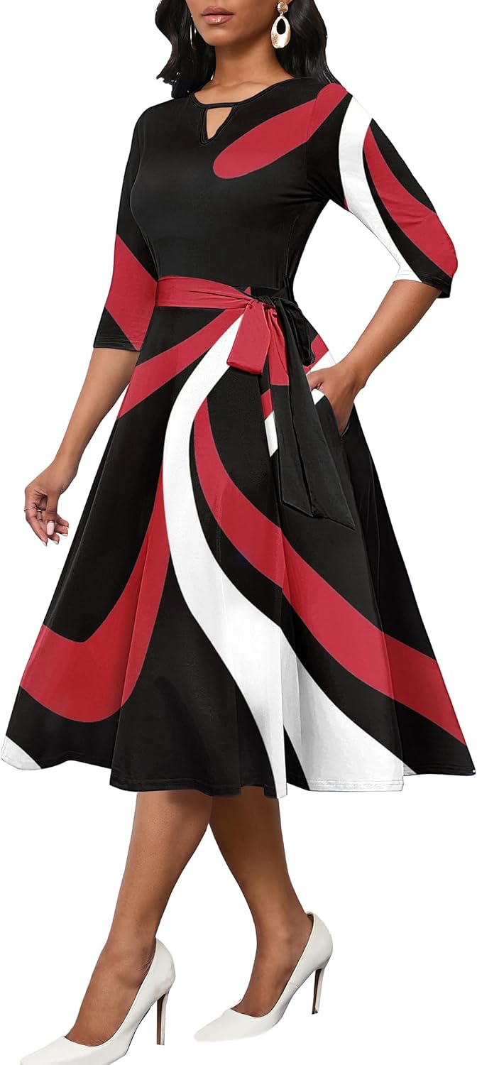 CLOCOR Midi Dresses for Women Casual A-Line Fit and Flare Dress Crewneck 3/4 Sle...