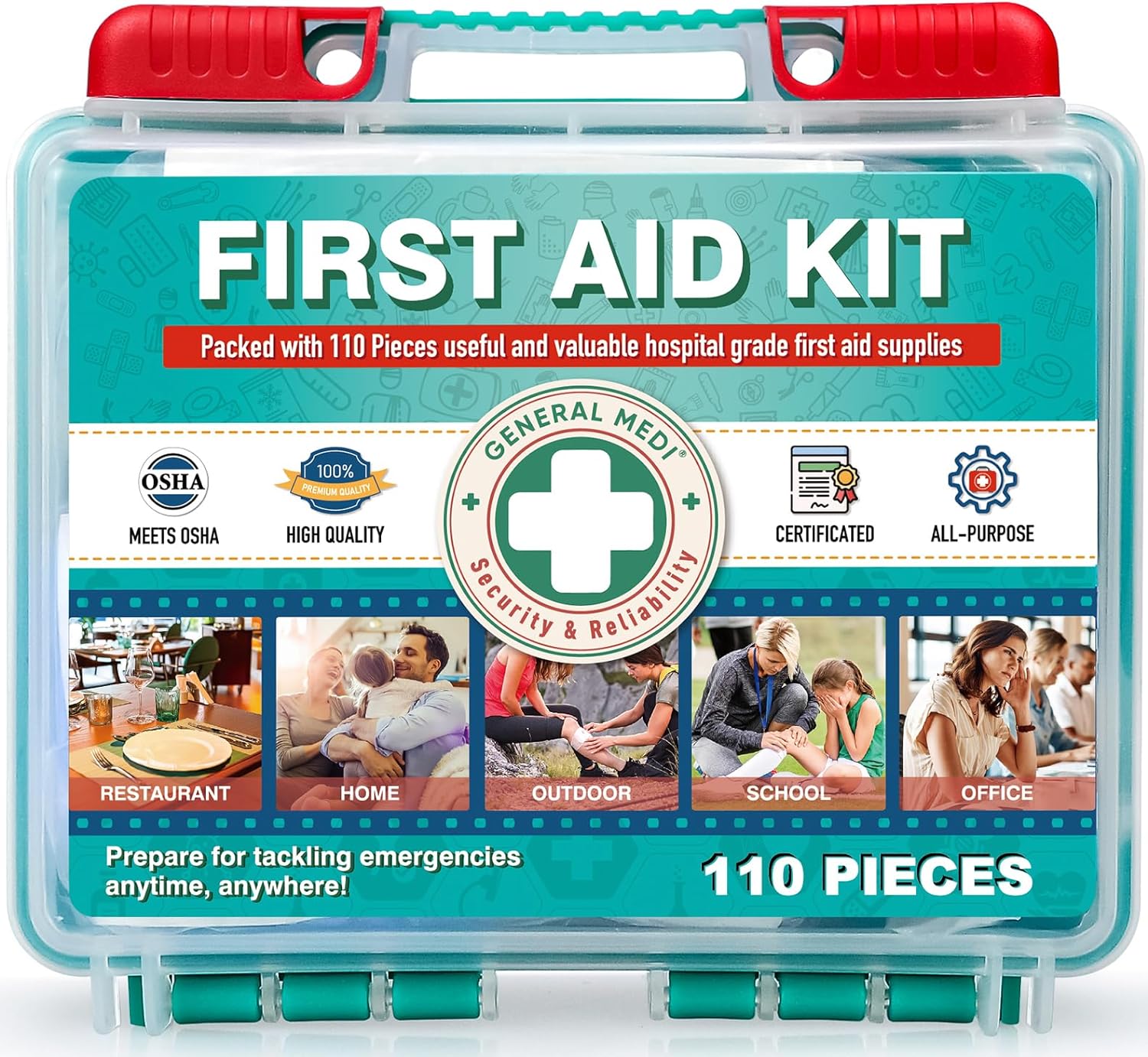 General Medi 110 Pieces Small First Aid Kit - HardCase First Aid Box - Contains...