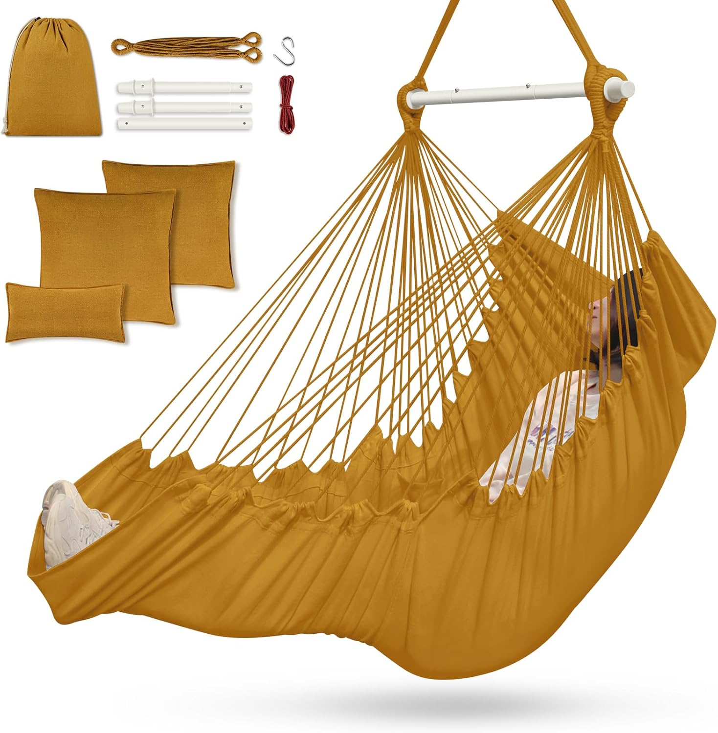 Hammock Chair, Cotton Rope Handwoven Chair with Collapsible Metal Spreader Bar M...