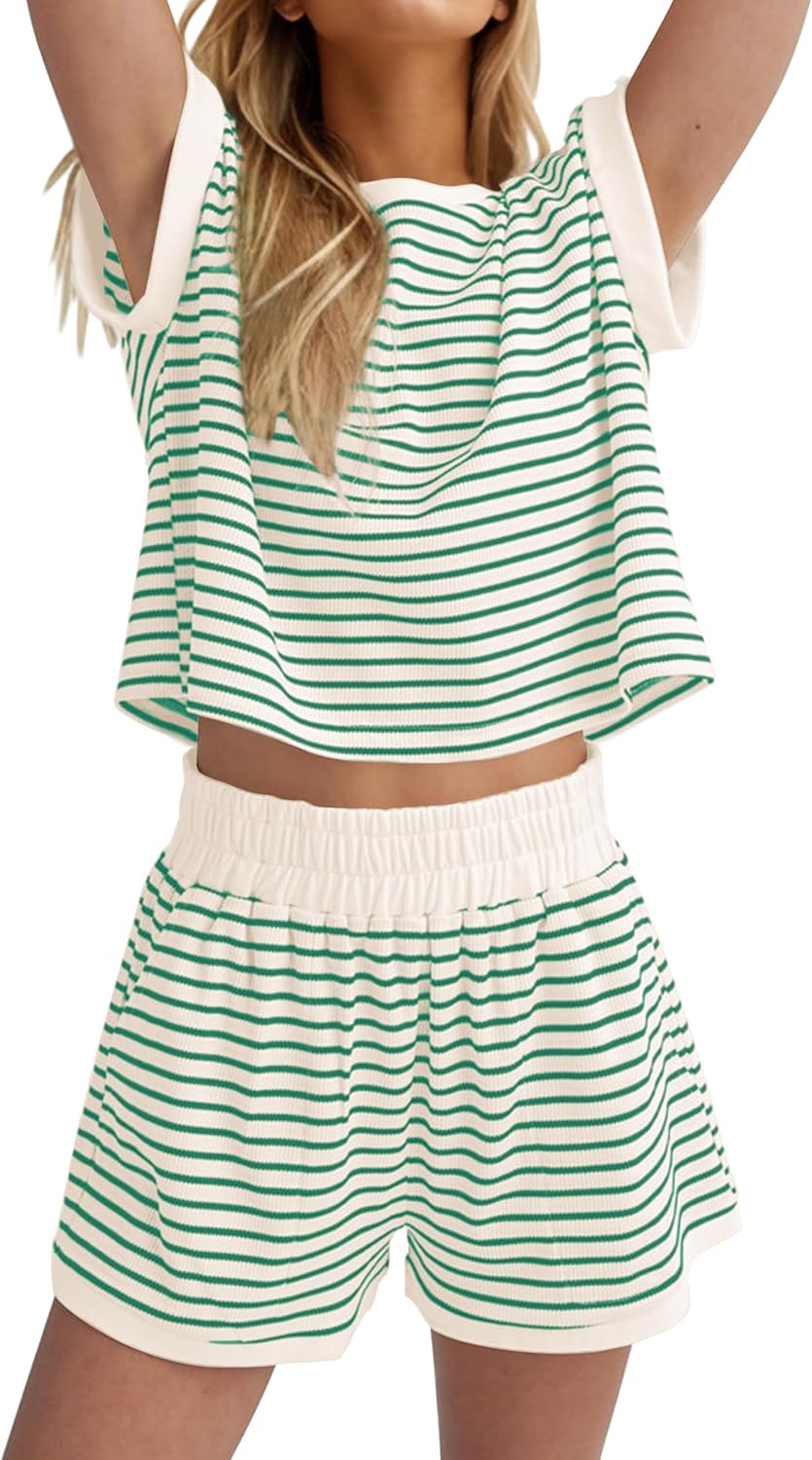 MISSACTIVER 2 Piece Lounge Set Women Stripe Knit Short Sleeve Tee Shirts Shorts...