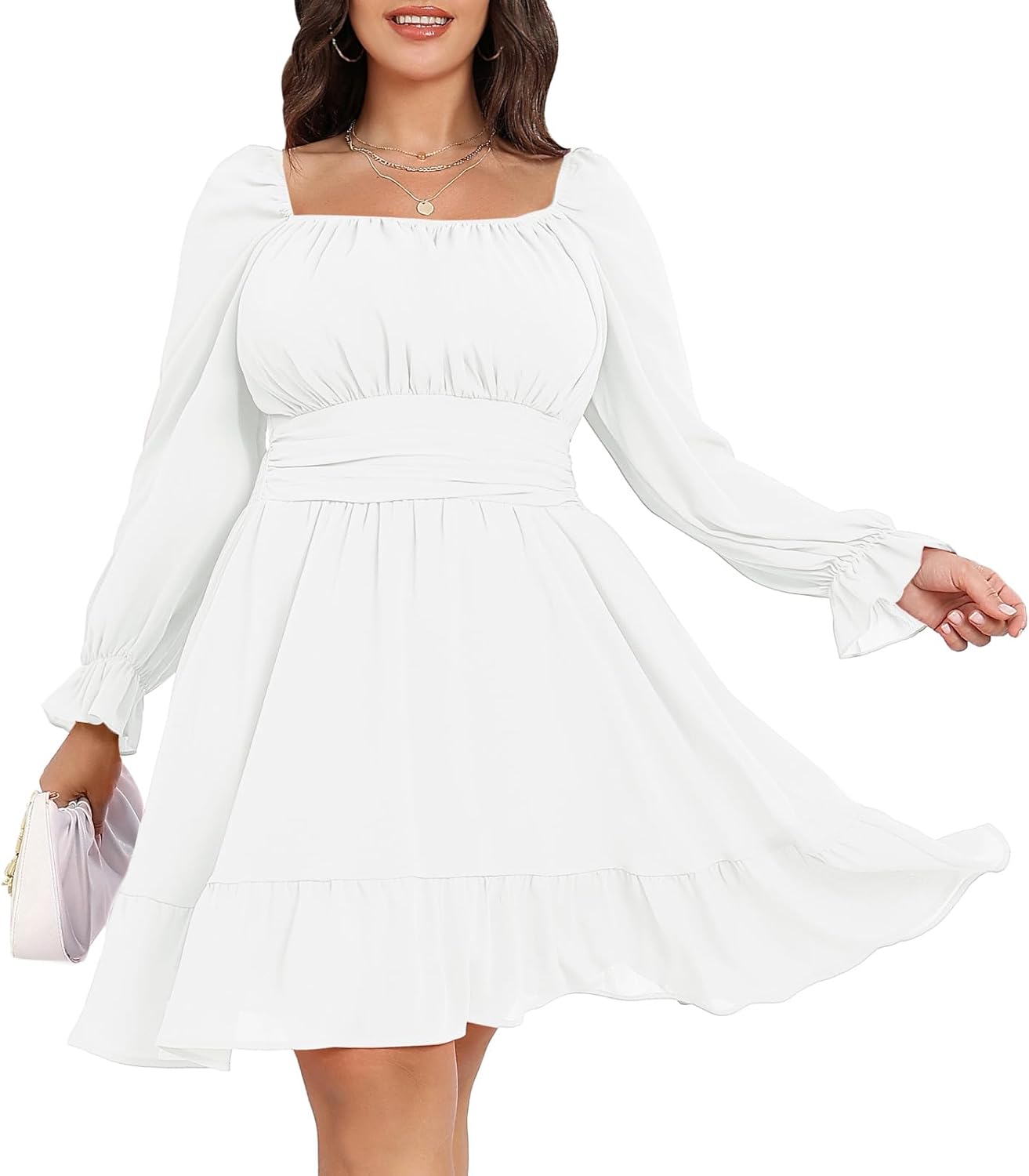 Byinns Women's 2024 Plus Size Tie Back Square Neck Mini Dress Long Lantern Sleev...