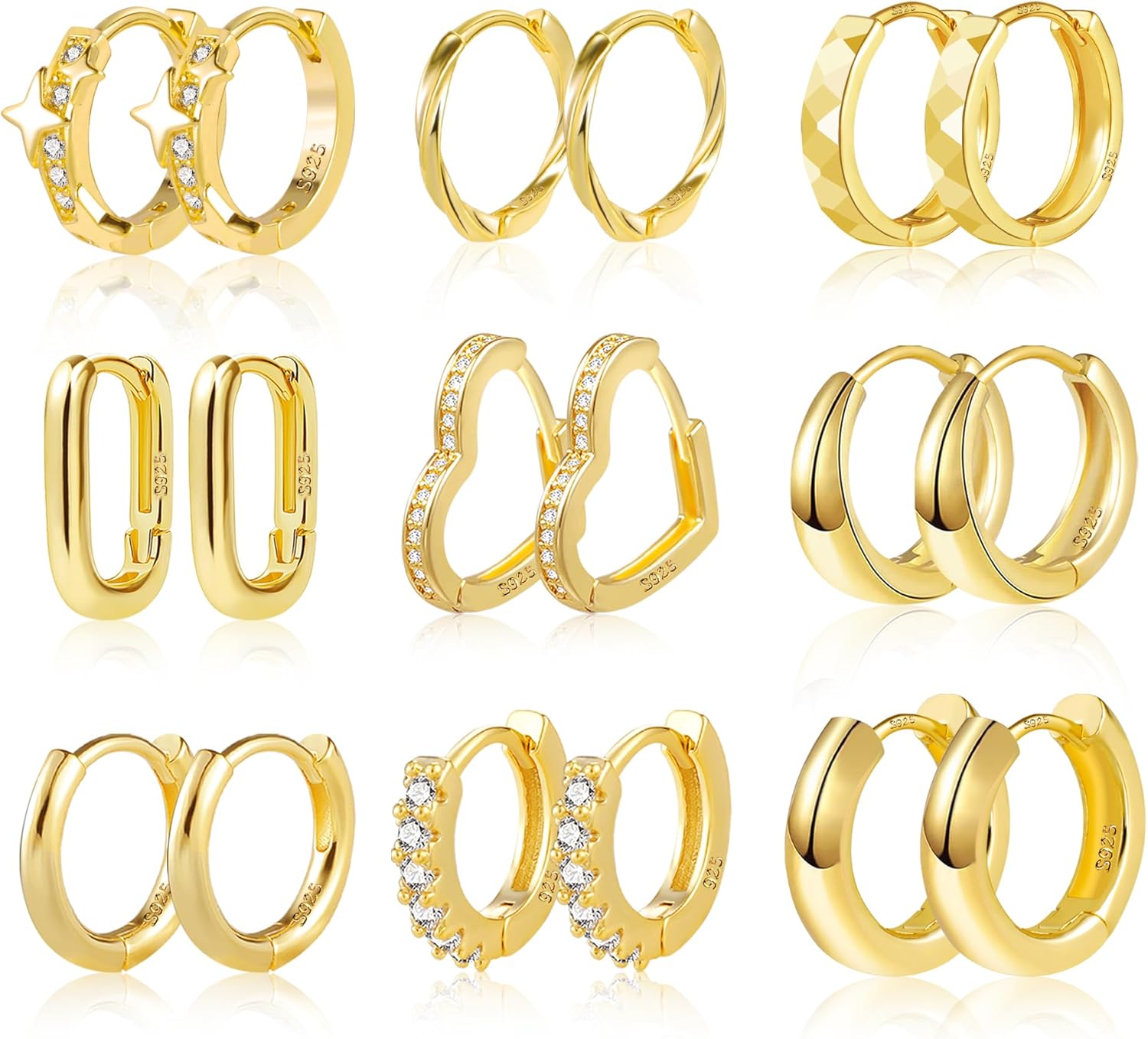 9 Pairs Multipack Small Gold Hoop Earrings Set for Women, 14k Real Gold Plated H...