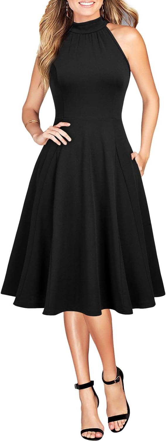 WOOSEA Womens Sleeveless Halter Neck Bodycon A-Line Cocktail Party Pockets Swing...