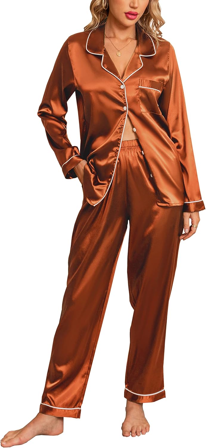 Anjue Silk Satin Pajamas Set Women's Long Sleeve Sleepwear Soft Pjs Set Two Piec...