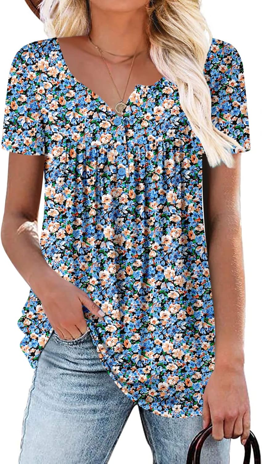 ROSELINLIN Women's Short Sleeve Shirts Floral Summer Tops Loose Fit for Leggings...