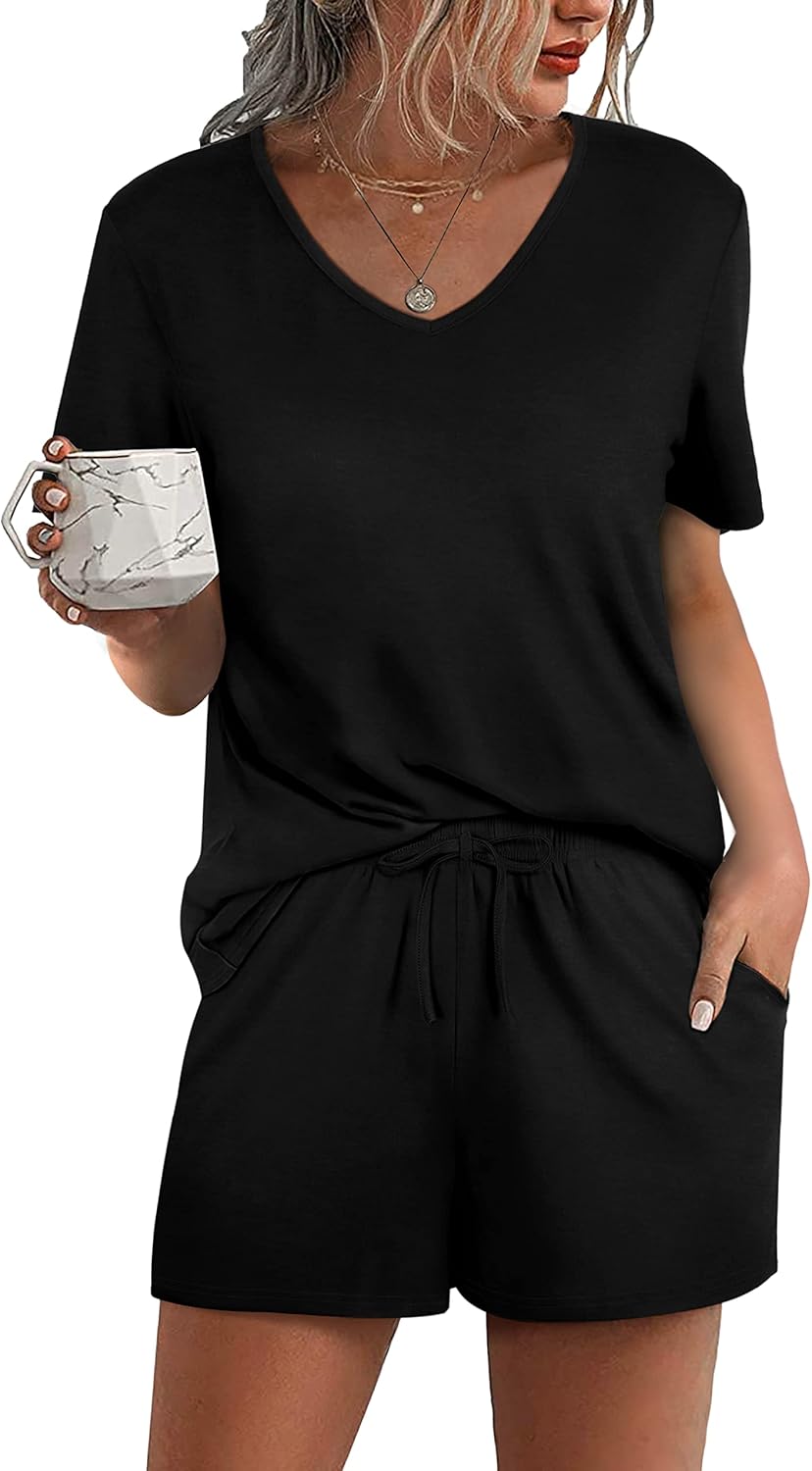 Aloodor Lounge Set for Women 2 Piece Outfits Short Sleeve V Neck Pjs Sleepwear S...