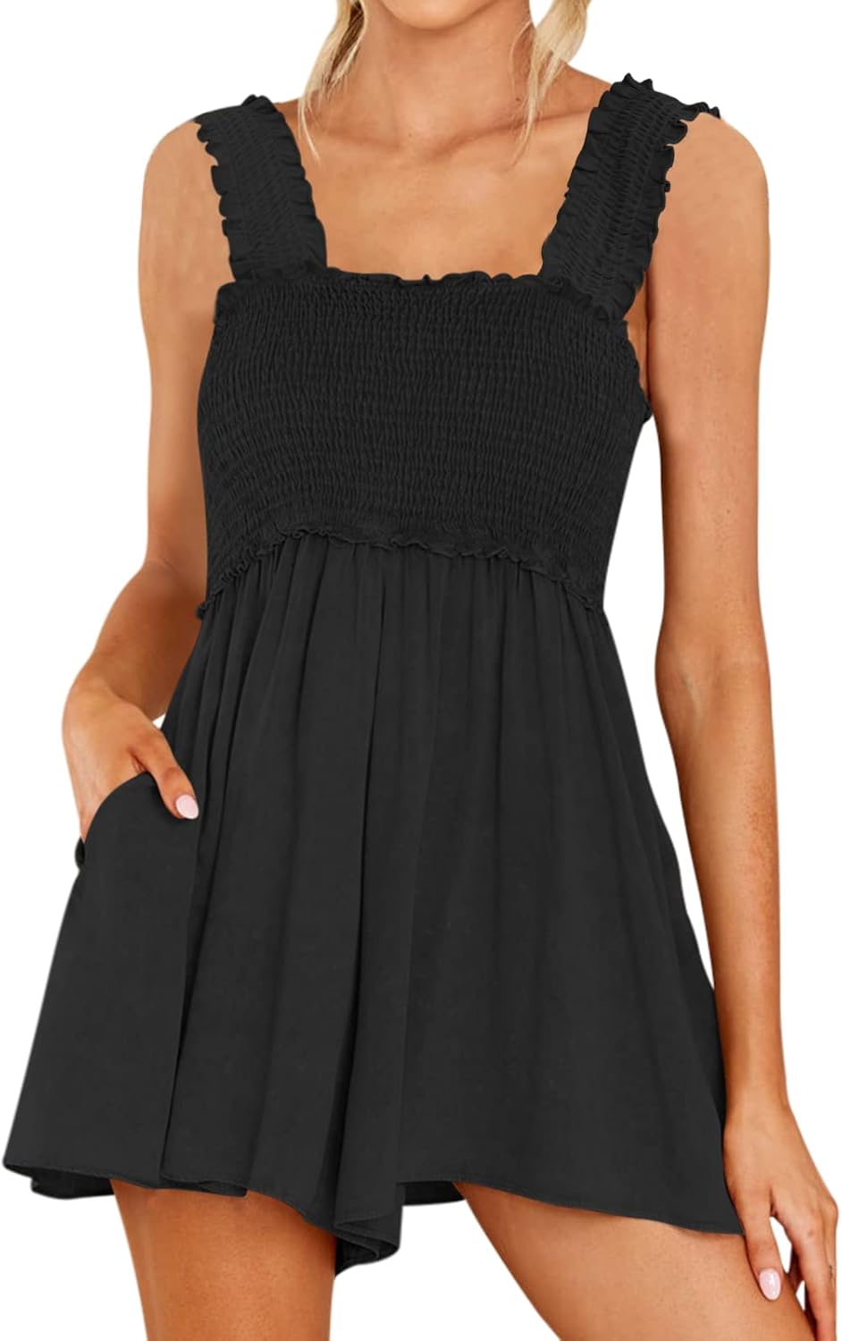 DEEP SELF Women Summer Sleeveless Romper Square Collar Ruffle Straps Flowy Short...