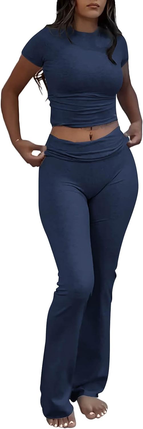 ZFLM Casual Workout Two Piece Outfits for Women Short Sleeve Crop High Waist Fol...