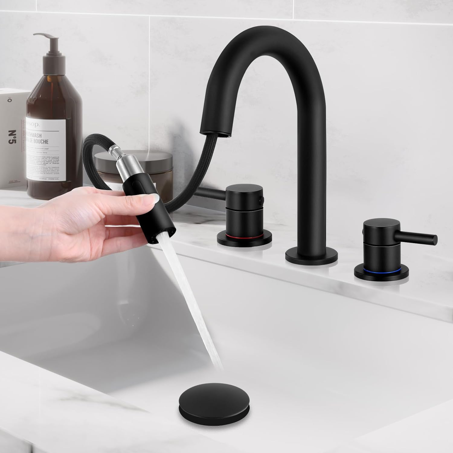 Qomolangma Black Bathroom Faucets for Sink 3 Hole, 8 inch Widespread Bathroom Fa...