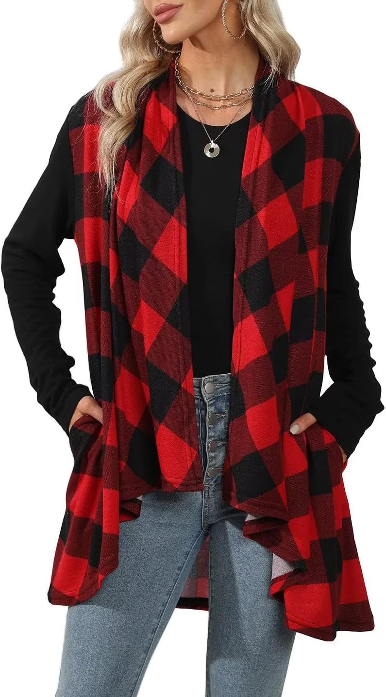 Lacozy Women's Open Front Long Cardigan Draped Snap Buffalo Plaid Shirt Kimono C...
