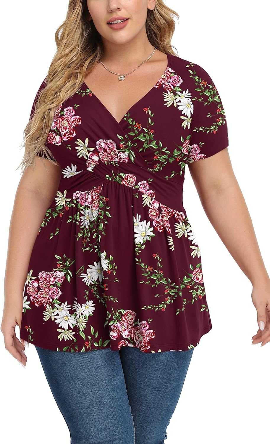 TIANZHU Women's Plus Size Dressy Tops Wrap Shirt Short Sleeve Tunic Top V Neck L...