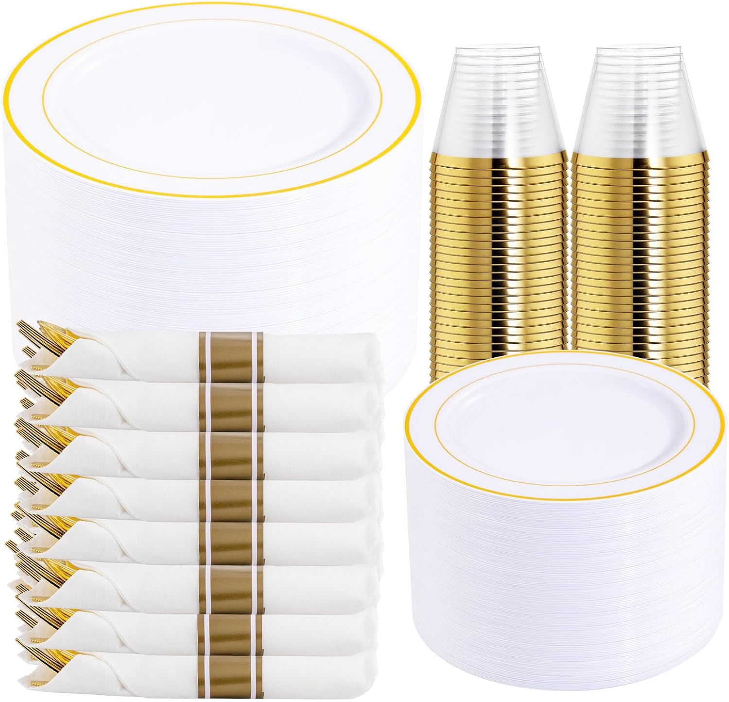 DaYammi 350PCS Gold Plastic Dinnerware Set for 50 Guests, Fancy Disposable Plate...