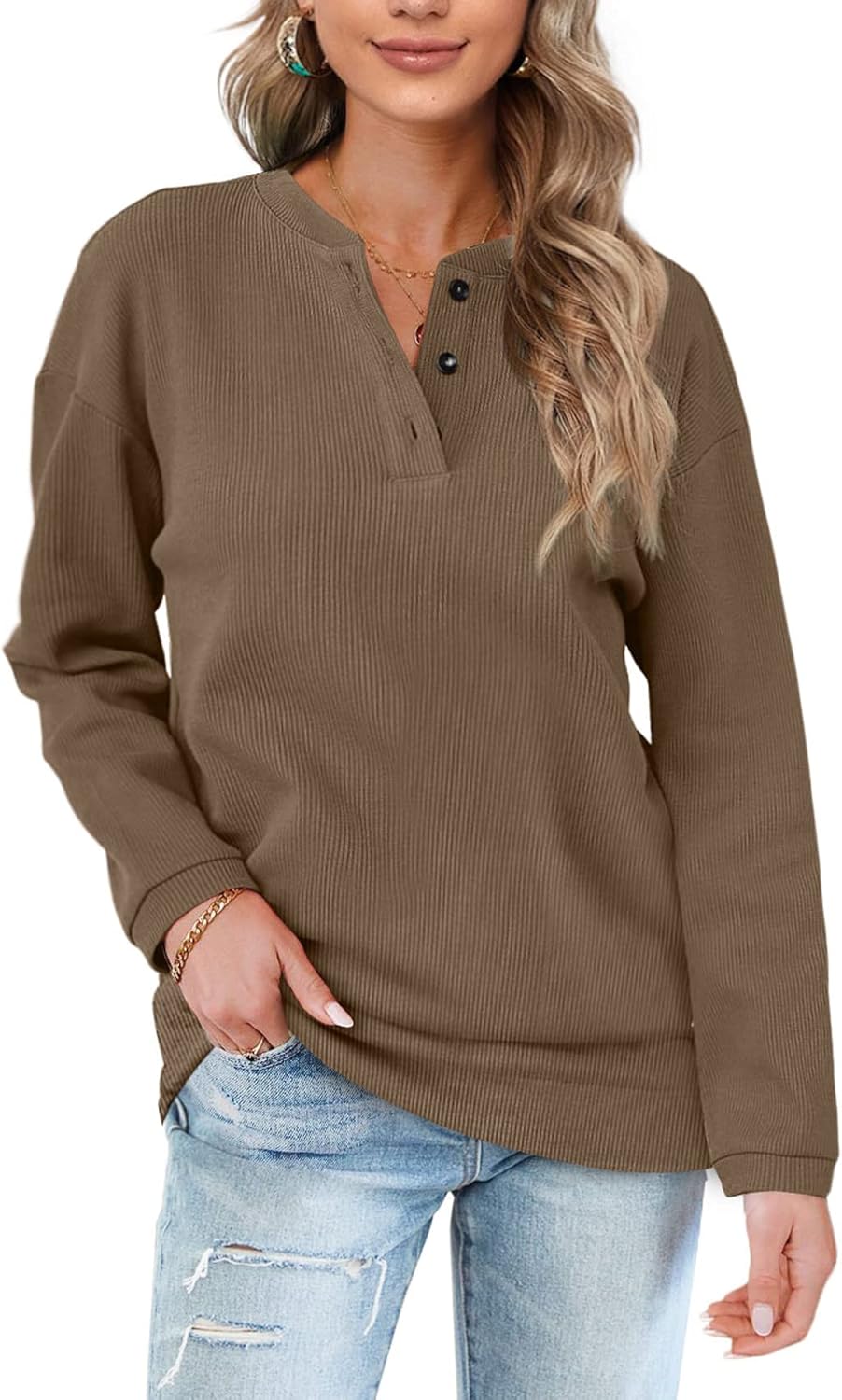 OFEEFAN Women's Sweatshirts, Special Casual Sweatshirts with Henley Button Up, H...