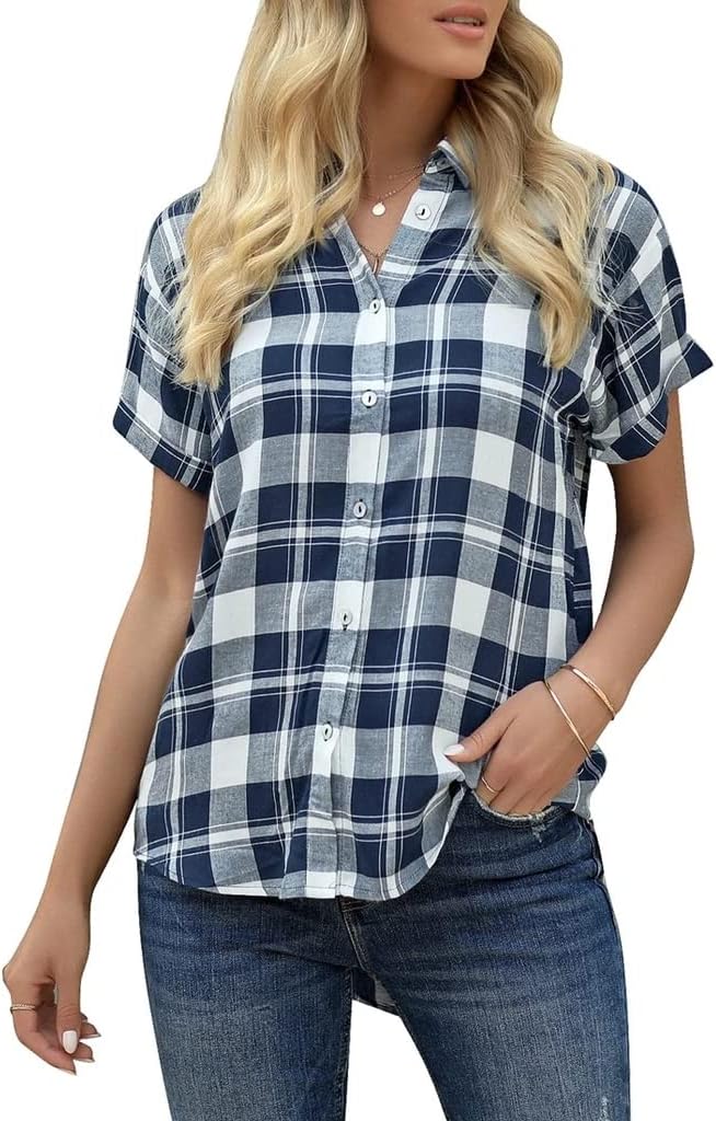Veatzaer Women's Plaid Short Sleeve Button Down Shirt Casual Summer Blouses Tops...